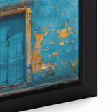 Extra large framed canvas featuring a close-up of a black textured door with colorful art details.