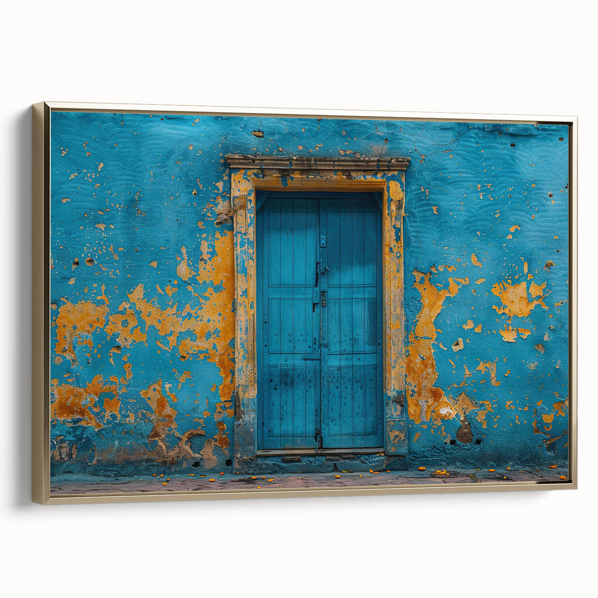 Landscape art painting of a vintage-styled door, featuring black and colorful art on a framed canvas, ideal for office decor.