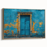 Landscape art painting of a vintage-styled door, featuring black and colorful art on a framed canvas, ideal for office decor.