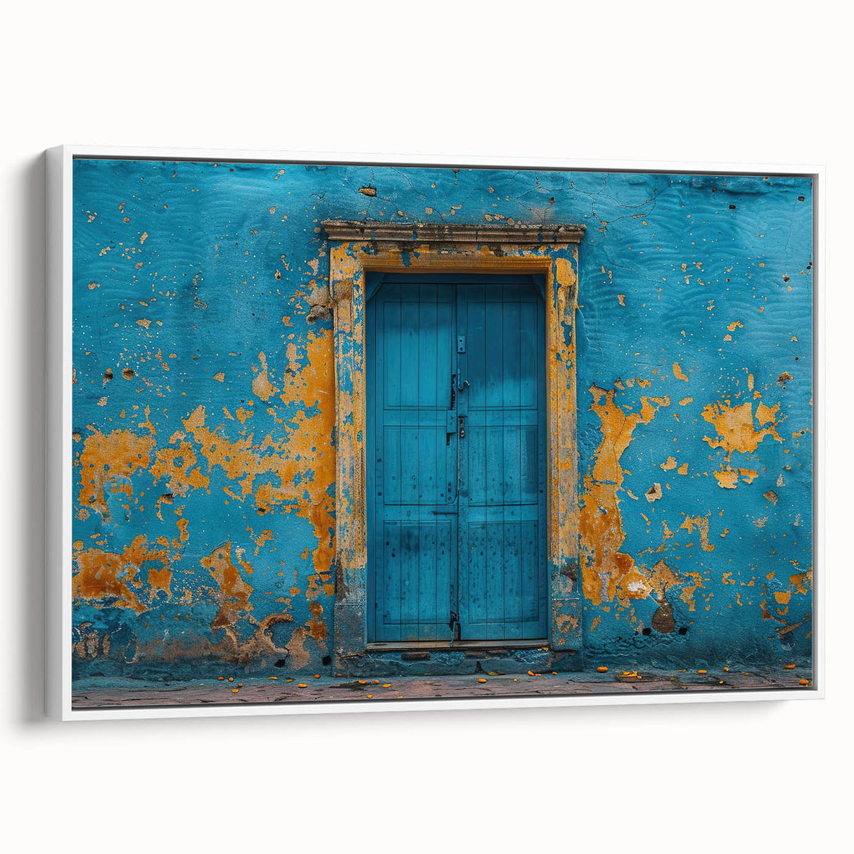 Framed canvas depicting a vintage black door design within a landscape setting, suitable for bedroom decor.