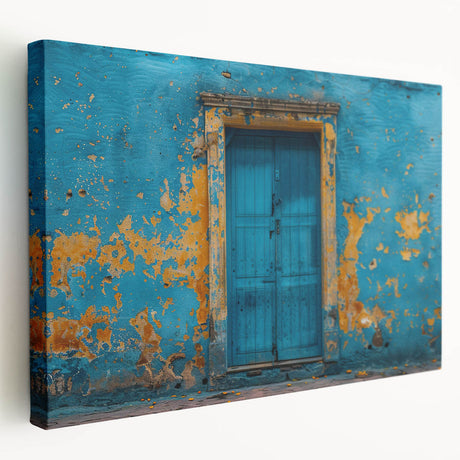 Large art print of an architectural door design in muted earth tones on stretched canvas, ideal for kitchen wall decor.