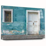 Large abstract wall art on acrylic glass featuring a monochrome architectural door design.