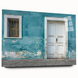 Large abstract wall art on acrylic, featuring swirling gray and blue tones, suitable for bedroom or dining room decor.