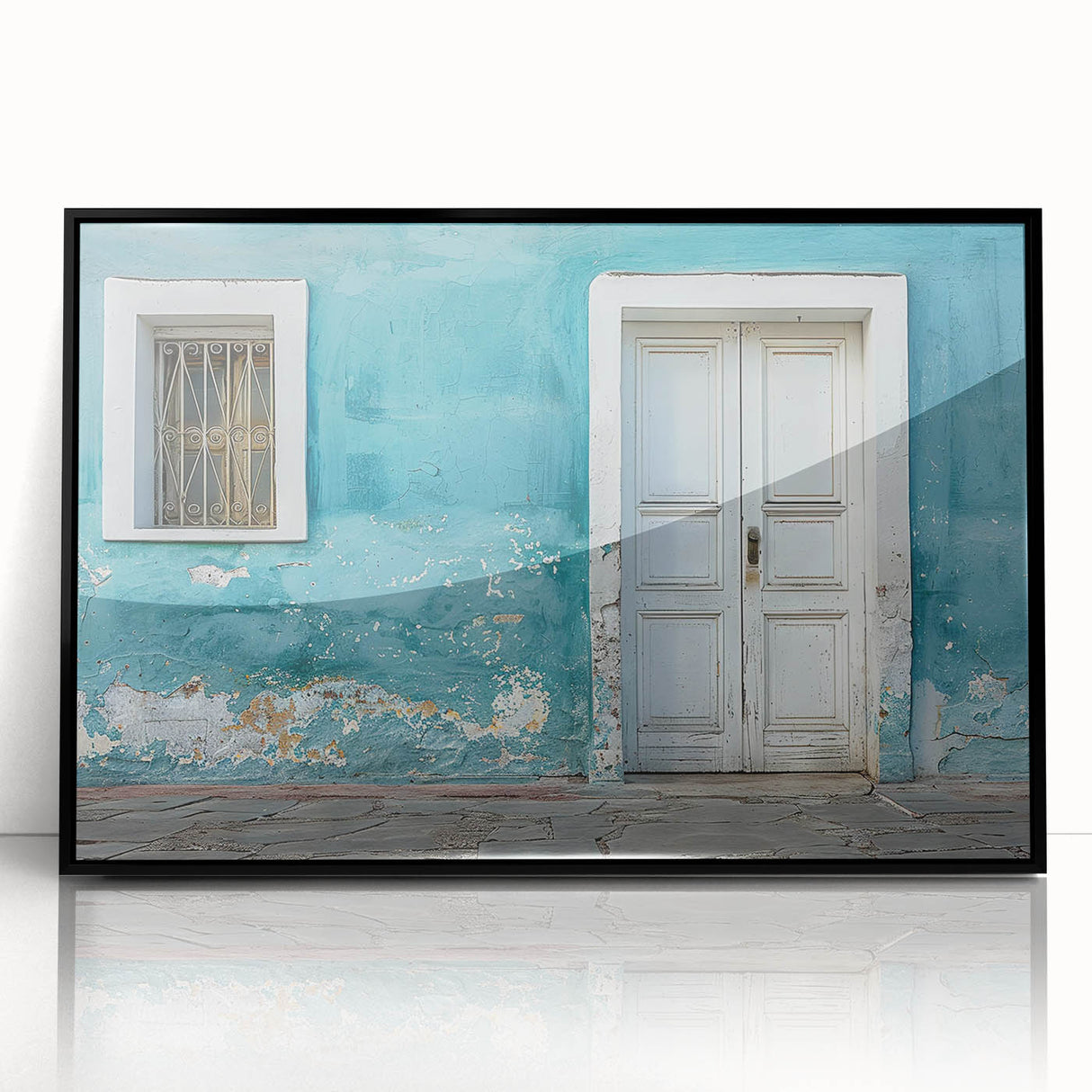 Mid-century modernist style door architecture in black and white, acrylic print framed, suitable for modern art wall decor.