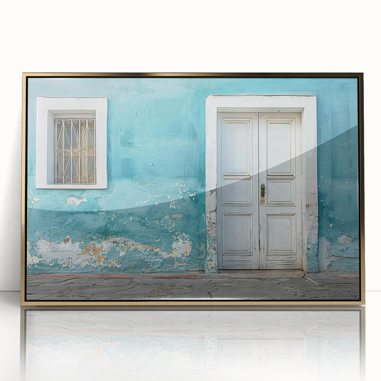 Mid-century modernist art deco poster featuring a geometric door design in gold and black, acrylic framed.