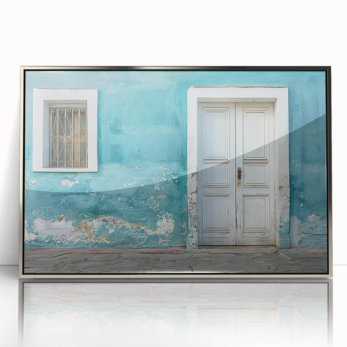 Art deco poster featuring a silver-framed acrylic print of a geometric door design in monochrome tones.