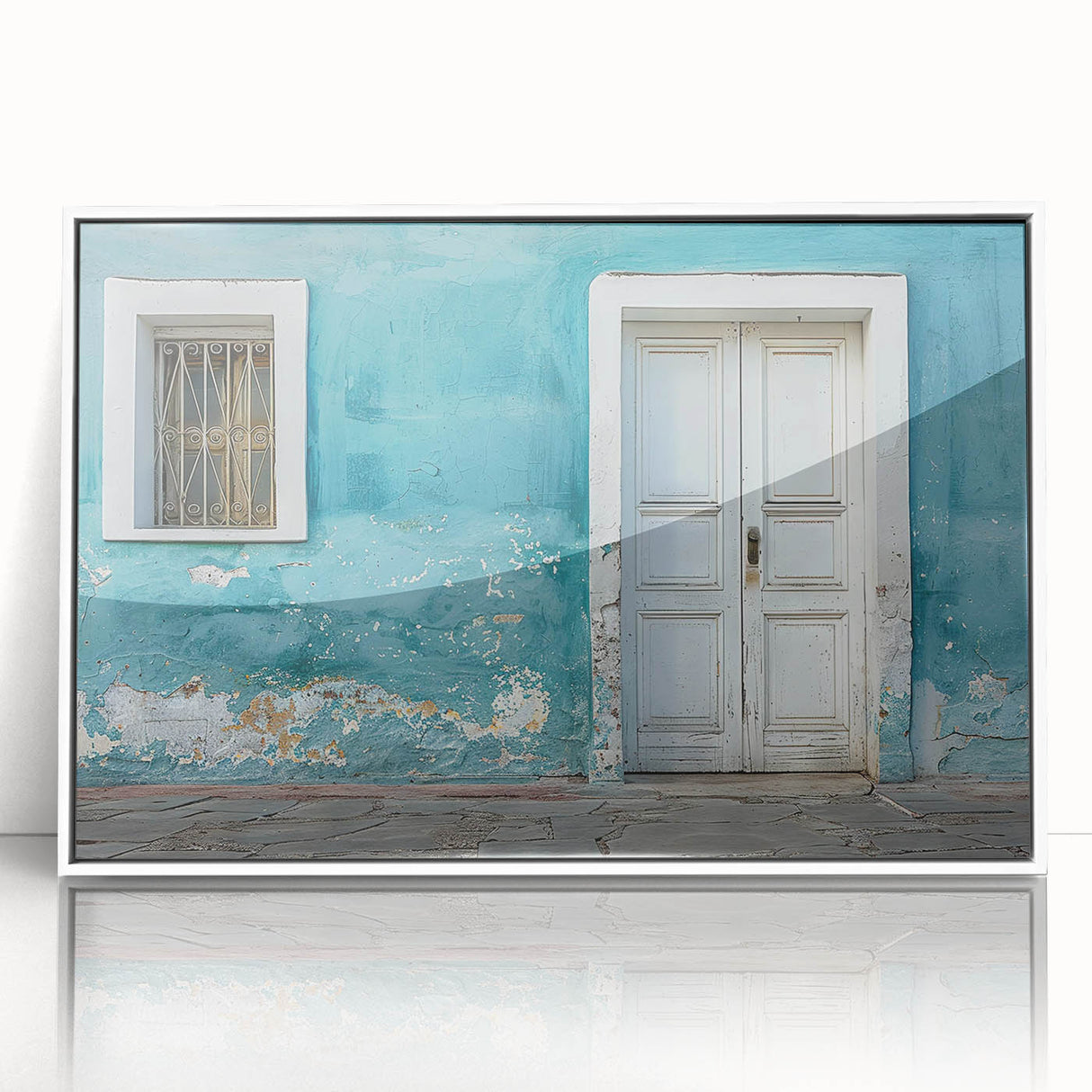 Large abstract wall art featuring mid-century modernist designs in muted earth tones, framed in white acrylic.