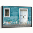Framed canvas of a vintage poster featuring a black and white landscape painting, ideal for bedroom wall art.