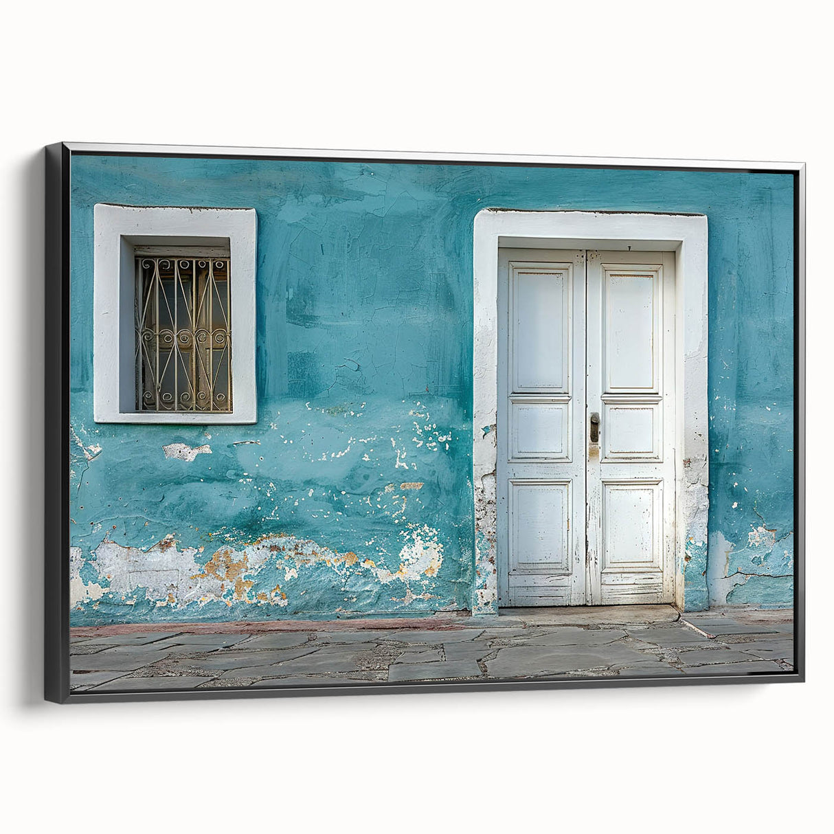 Framed canvas of a vintage poster featuring a black and white landscape painting, ideal for bedroom wall art.