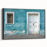 Framed canvas of a vintage poster featuring a black and white landscape painting, ideal for bedroom wall art.