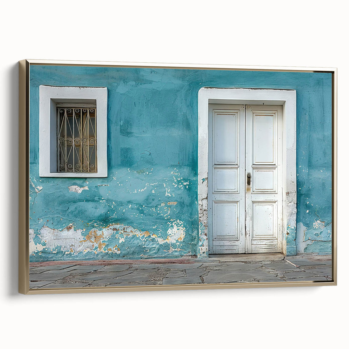Vintage poster art of an ornate door in gold frame, featuring vibrant colors on black background.