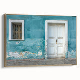 Vintage poster art of an ornate door in gold frame, featuring vibrant colors on black background.