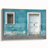 Extra large framed canvas featuring a textured black door design with colorful accents, ideal for living room decor.