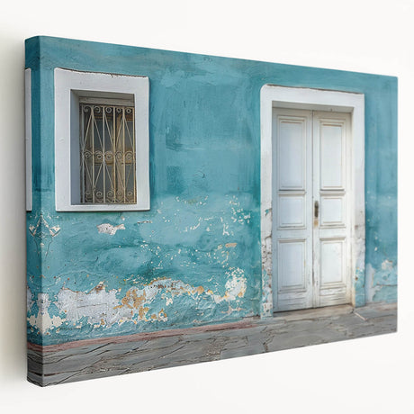 Side view of a large stretched canvas featuring a detailed door and architecture design in earth tones.