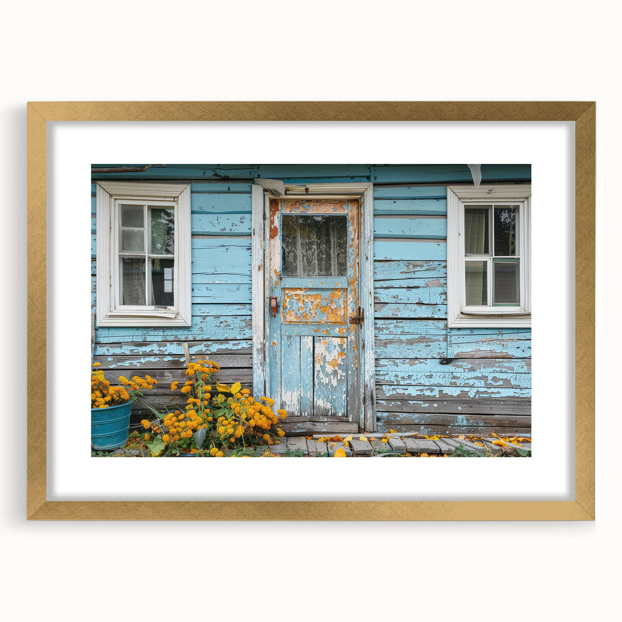 Textured abstract art print featuring a gold frame with mat.