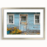 Abstract art print of a silver-framed door design with muted gray tones, ideal for dining room decor.