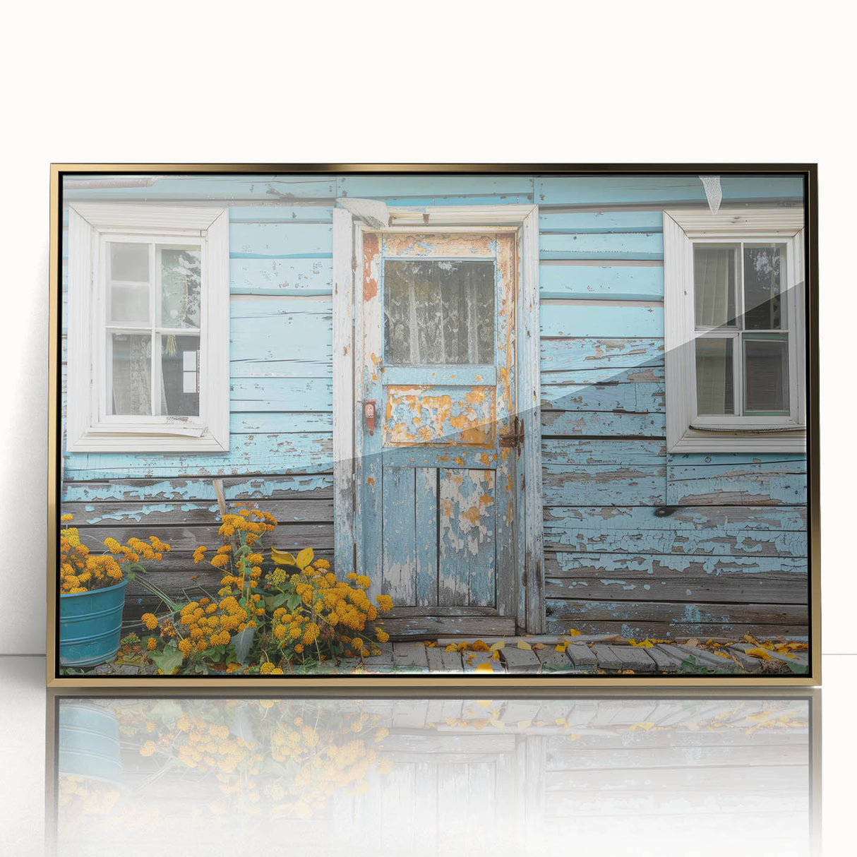 Mid-century modernist art of a geometric door design in gold and black tones on framed acrylic.