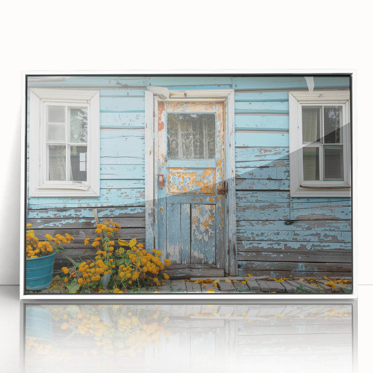 Mid-century modernist door design in acrylic print with a white frame, suitable for modern art wall decor.
