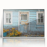 Mid-century modernist door design in acrylic print with a white frame, suitable for modern art wall decor.