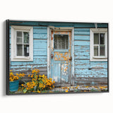Black and white framed canvas featuring a vintage poster art style landscape painting, ideal for bedroom wall decor.