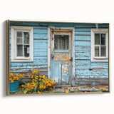 Framed canvas of a vintage poster featuring a landscape art painting with a colorful palette.