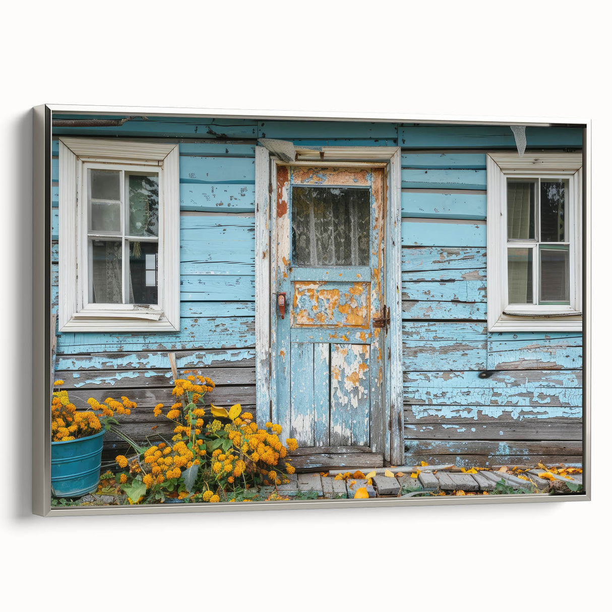 Vintage poster art of a colorful, ornate door design on a large framed canvas, ideal for living room decor.
