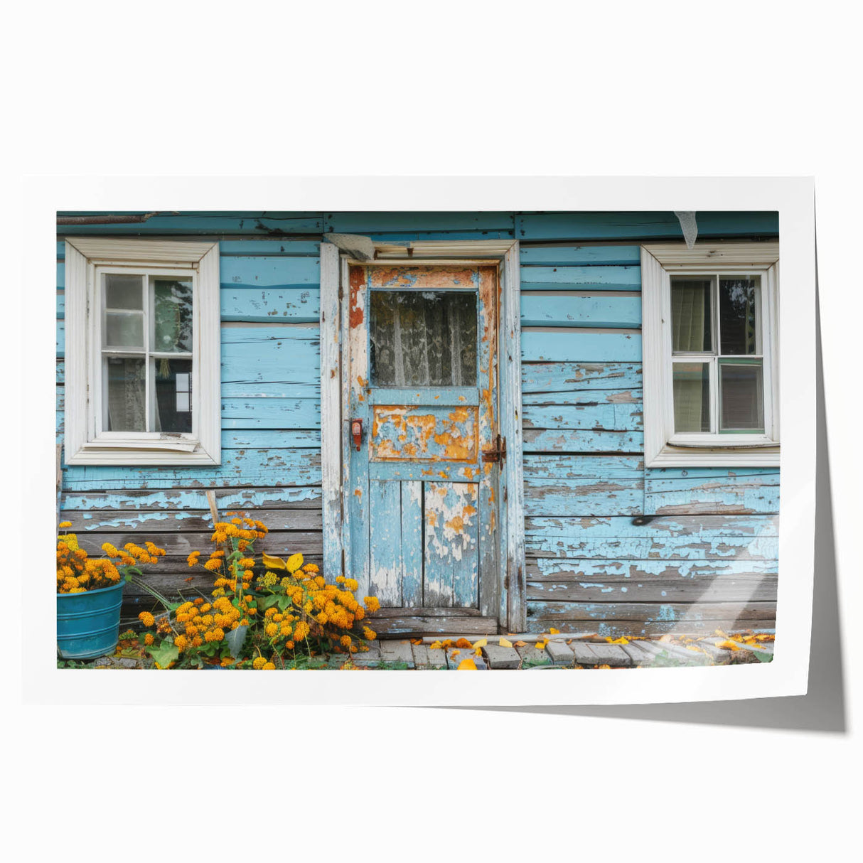 Extra large rolled print of a floral art featuring a detailed architecture door design in muted earth tones.