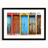Extra large abstract art print of a colorful, textured door design on a black framed canvas, ideal for living room decor.