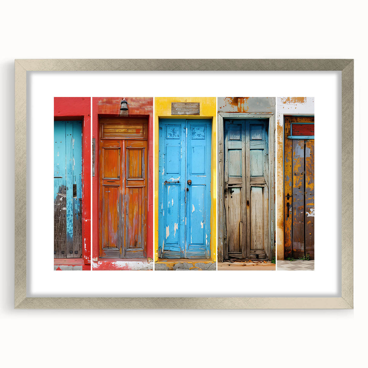 Abstract art print of a door design in muted gray and blue tones, framed in silver, suitable for dining room decor.