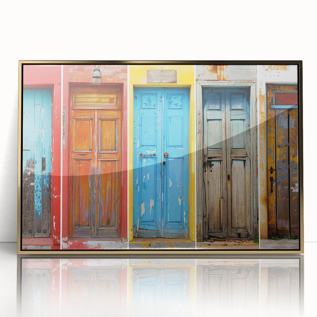 Mid-century modernist art deco poster featuring a gold-framed acrylic print of an architectural door design.