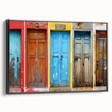 Framed canvas of a vintage poster featuring a landscape art painting with colorful elements on a black background.