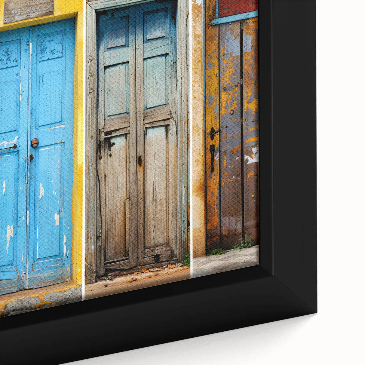 Extra large framed canvas featuring a close-up of a black textured door with colorful art details.