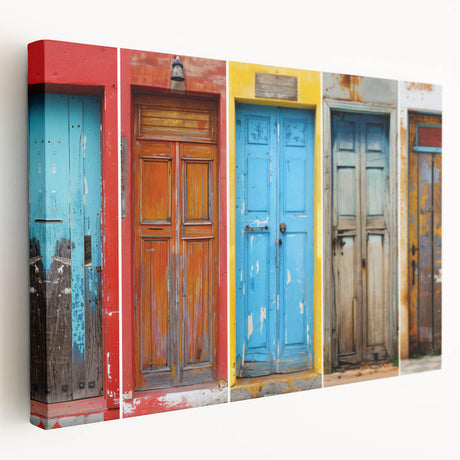 Side view of a large stretched canvas featuring a detailed door design in muted earth tones, suitable for kitchen wall art.