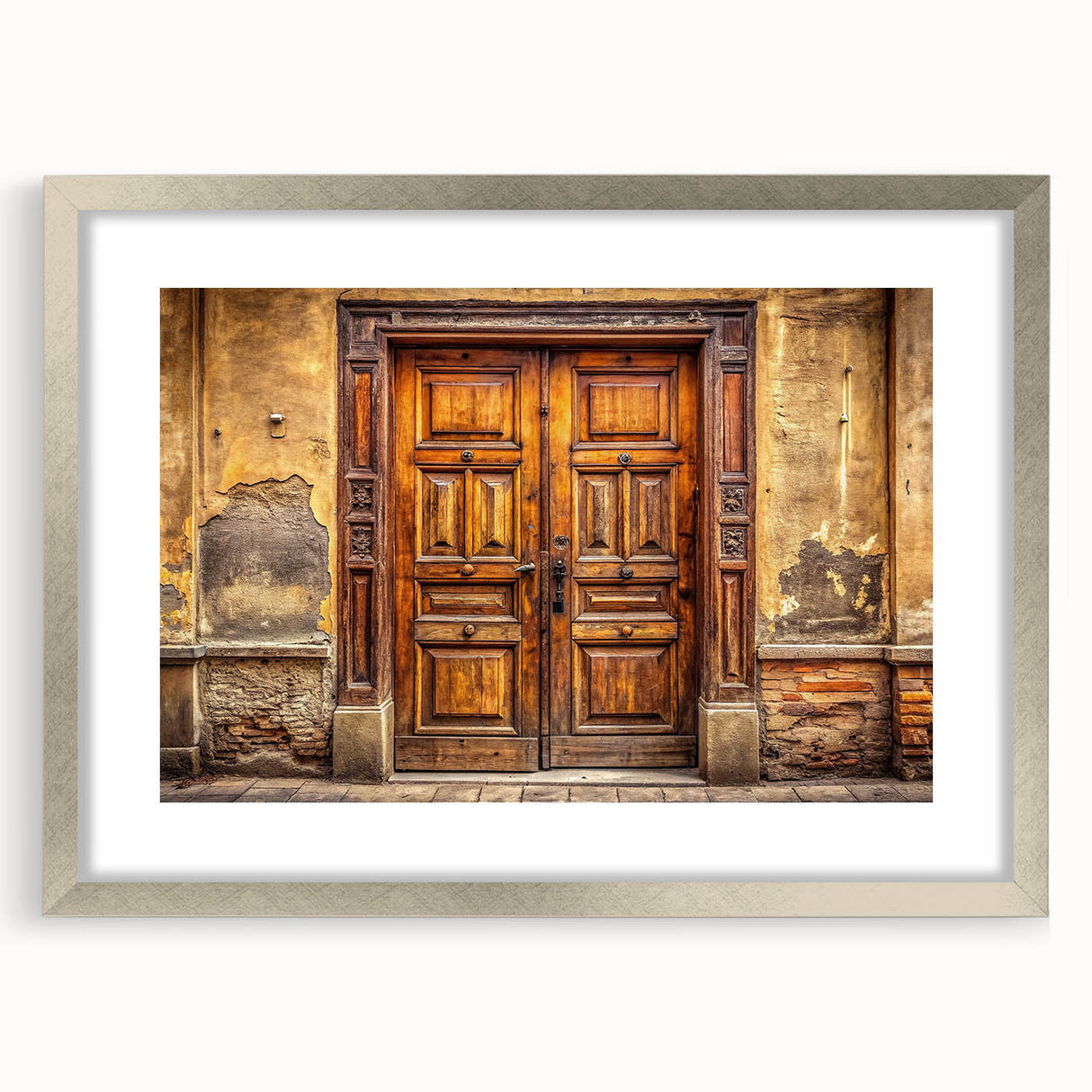 Abstract art print of a geometric door design in silver frame, suitable for dining room decor.