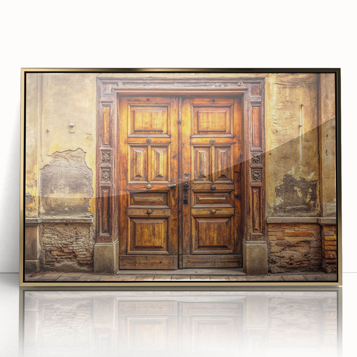 Mid-century modernist art deco poster featuring a geometric door design in gold and black tones, acrylic framed.