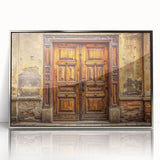 Art deco poster featuring a silver-framed acrylic print of an ornate door design in monochrome.
