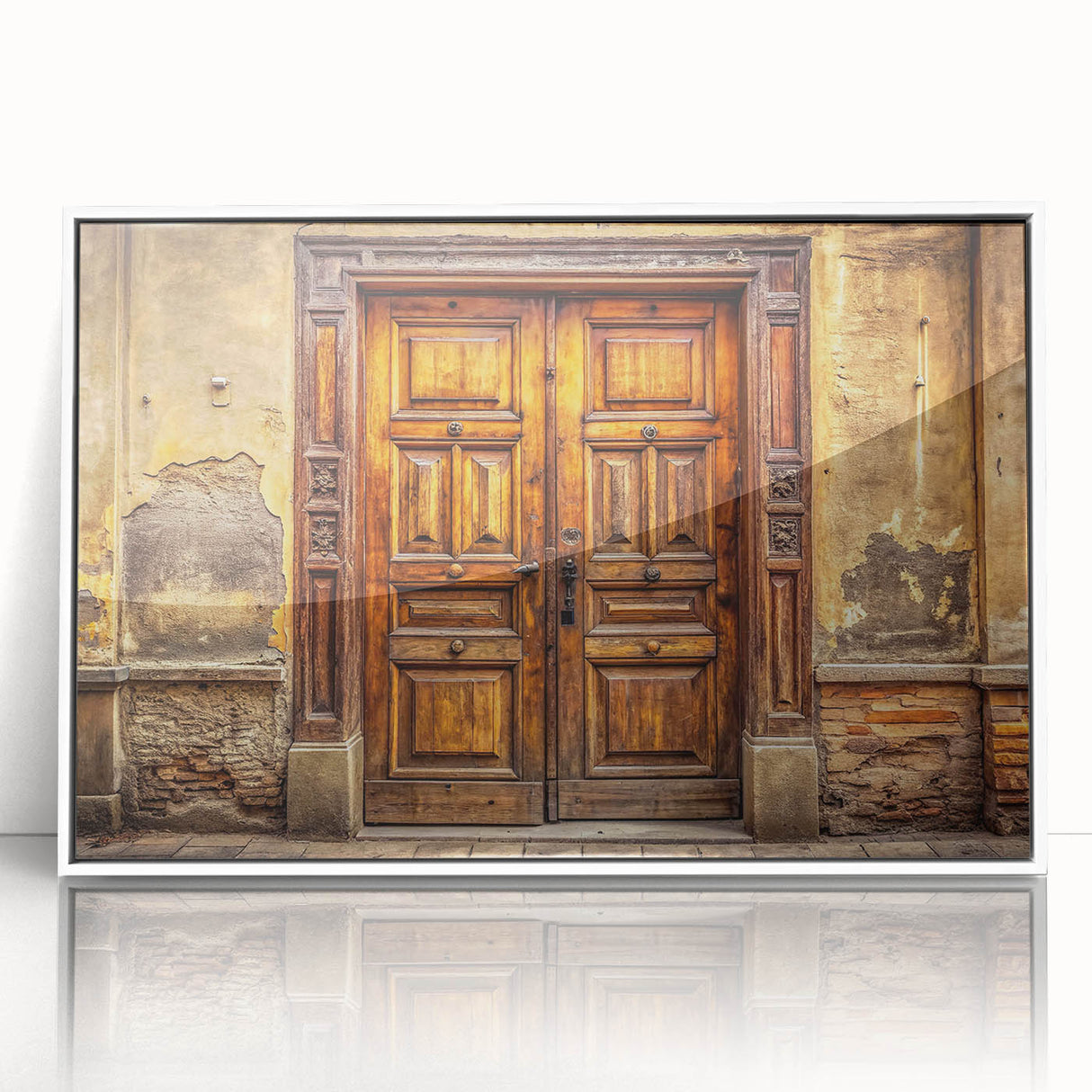 Mid-century modernist door design in muted earth tones on a large acrylic print, suitable for nursery wall art.