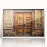 Mid-century modernist door design in muted earth tones on a large acrylic print, suitable for nursery wall art.