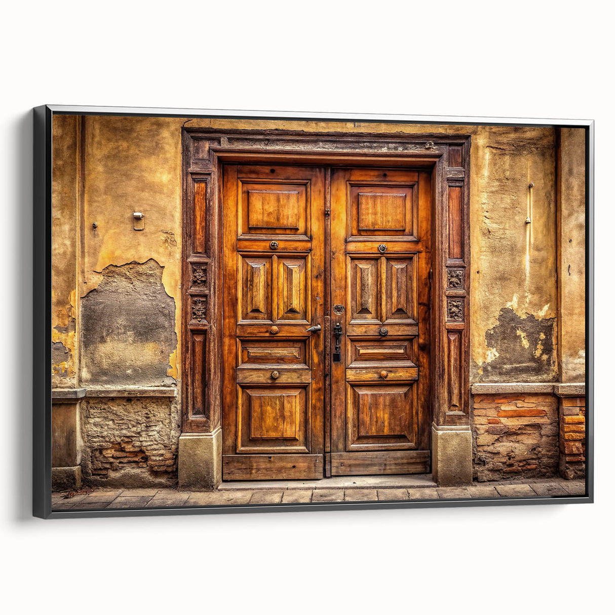 Black and white framed canvas featuring a vintage poster art style of a detailed architectural door design.