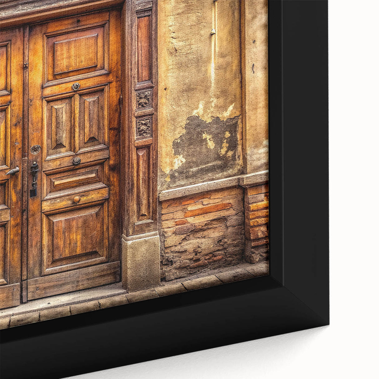 Close-up of a black framed canvas featuring a colorful, textured door design, ideal for extra large living room wall art.