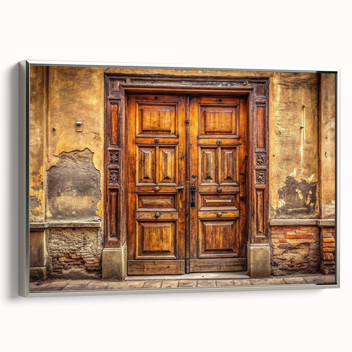 Vintage poster art of an ornate door in muted black and silver tones on a framed canvas, ideal for living room decor.