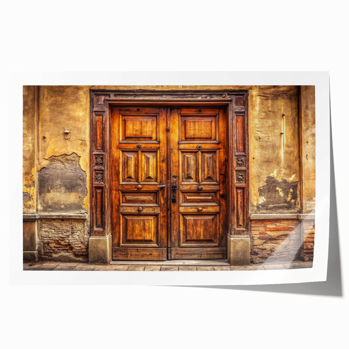 Extra large rolled print featuring a detailed floral design on a door, in muted earth tones.