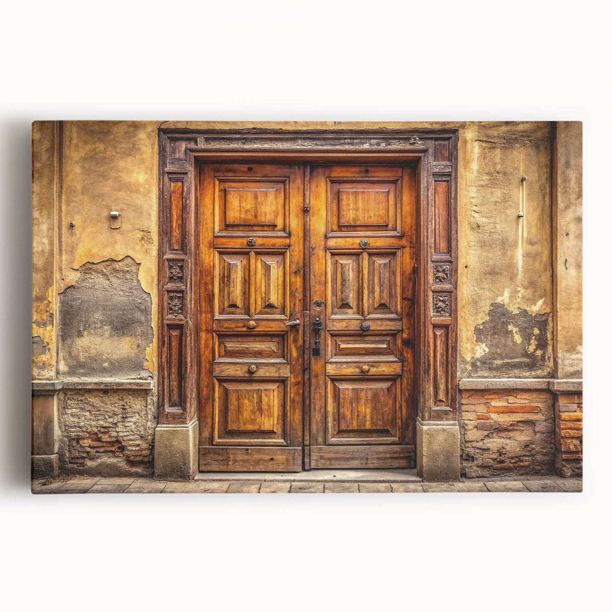Large black and white photo of an ornate door on stretched canvas, suitable for kitchen wall art.