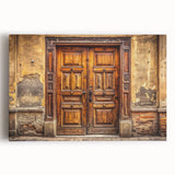 Large black and white photo of an ornate door on stretched canvas, suitable for kitchen wall art.