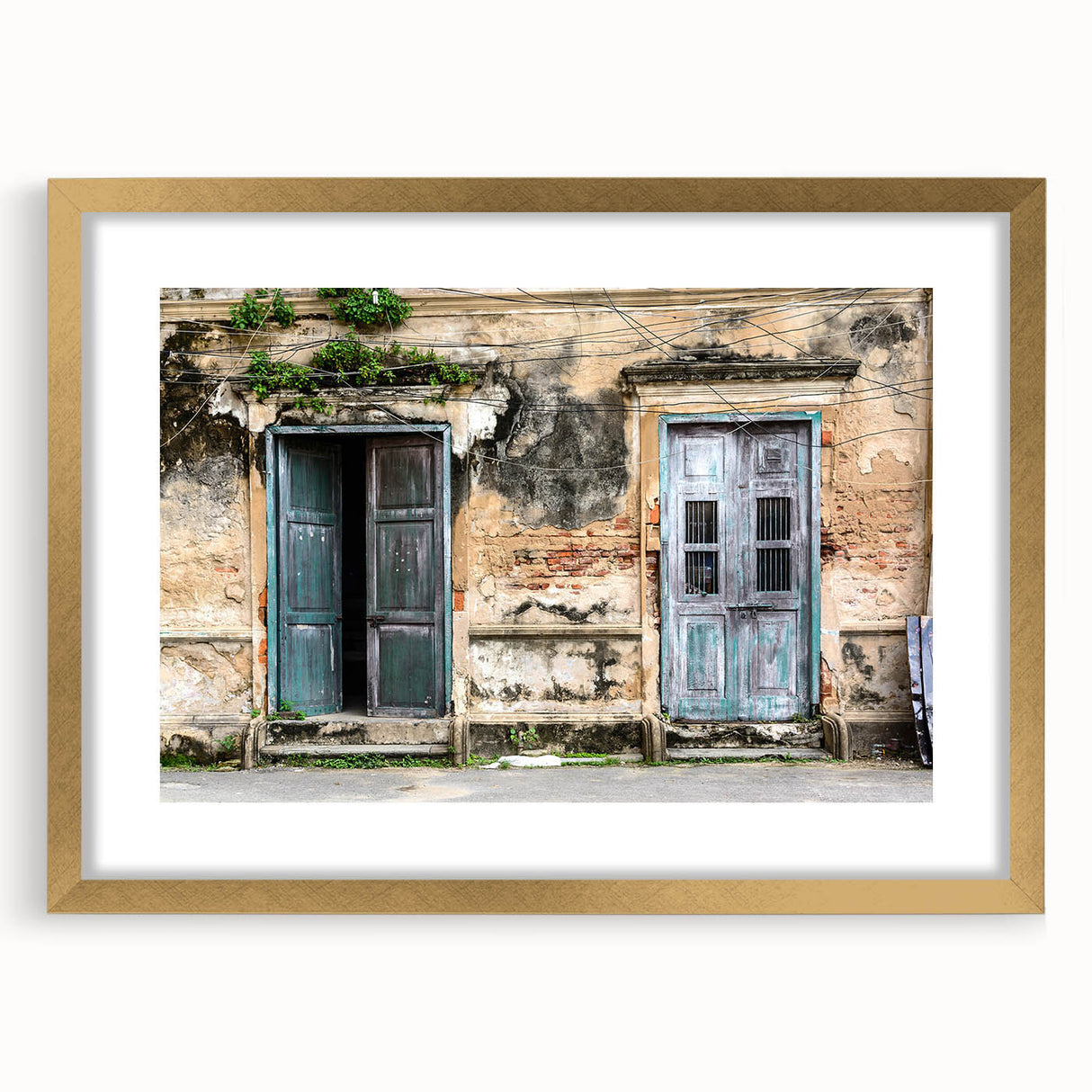 Textured abstract art print featuring a detailed door design in muted gold and cream tones on a framed canvas.