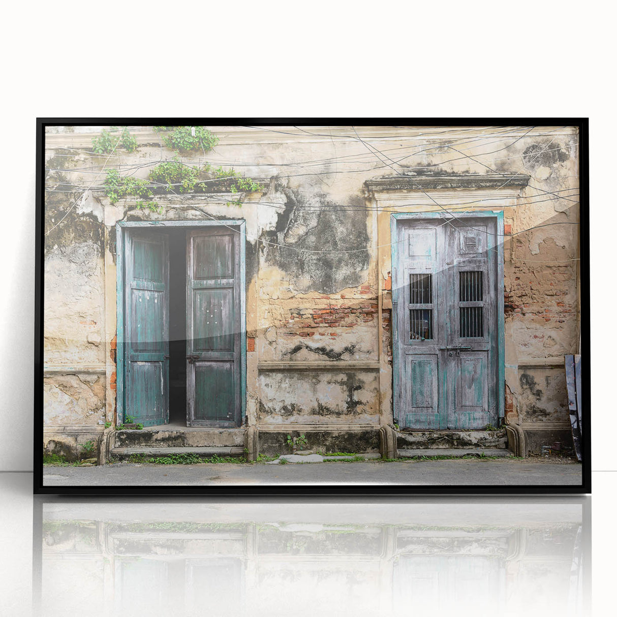 Large abstract wall art in black and white, featuring a mid-century modernist door design on a framed acrylic print.
