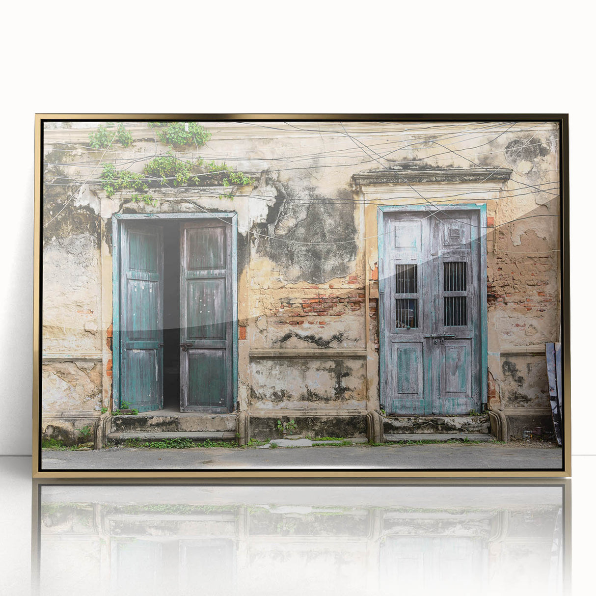 Mid-century modernist art featuring an abstract gold and black door design on a framed acrylic, ideal for nursery wall decor.