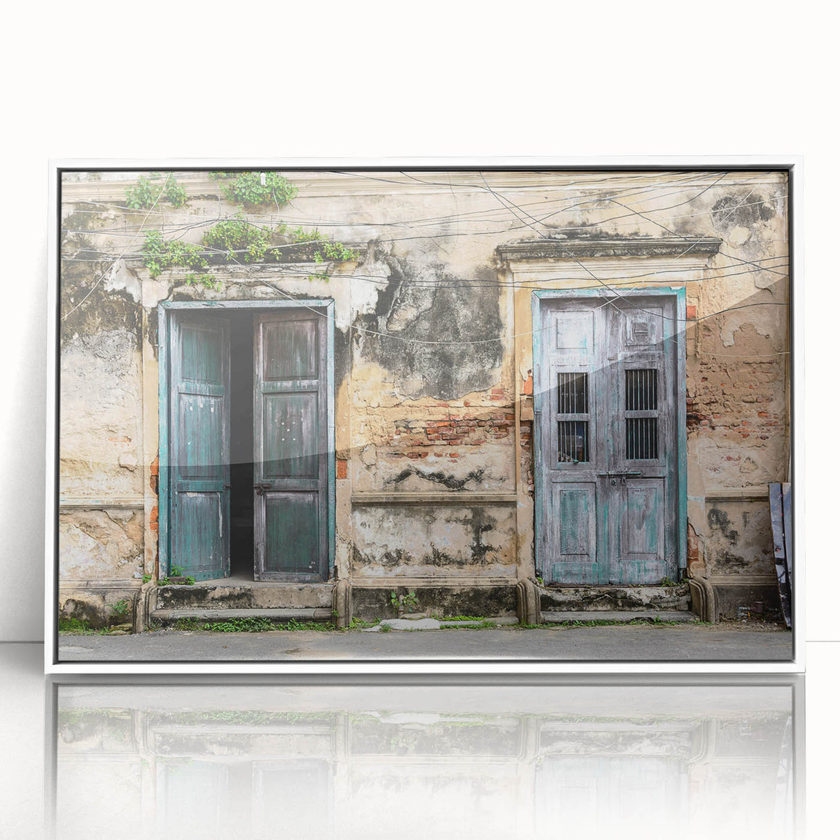 Mid-century modernist acrylic print of a stylized architectural door in muted gray, ideal for modern art wall decor.