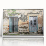 Mid-century modernist acrylic print of a stylized architectural door in muted gray, ideal for modern art wall decor.