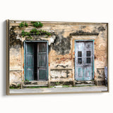 Framed canvas landscape art painting depicting a vintage-style colorful door design, ideal for enhancing black wall decor.